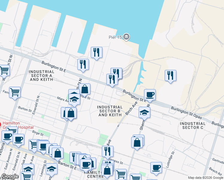 map of restaurants, bars, coffee shops, grocery stores, and more near 29 McKinstry Street in Hamilton