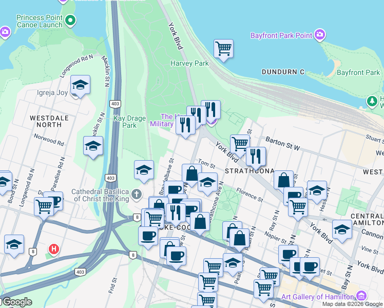 map of restaurants, bars, coffee shops, grocery stores, and more near 129 Dundurn Street North in Hamilton