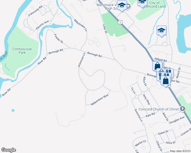 map of restaurants, bars, coffee shops, grocery stores, and more near 97 Primrose Lane in Concord