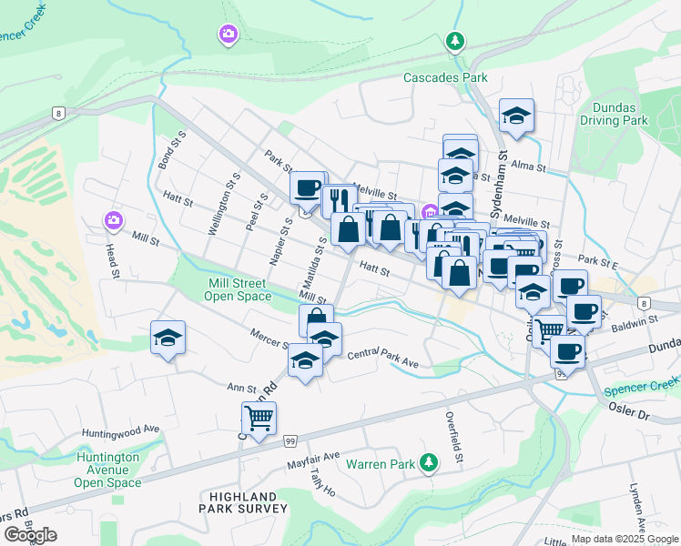 map of restaurants, bars, coffee shops, grocery stores, and more near 22 Market Street South in Hamilton