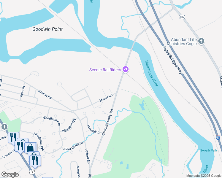 map of restaurants, bars, coffee shops, grocery stores, and more near 123 Manor Road in Concord