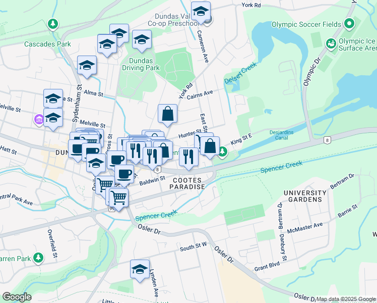 map of restaurants, bars, coffee shops, grocery stores, and more near 93 King Street East in Hamilton