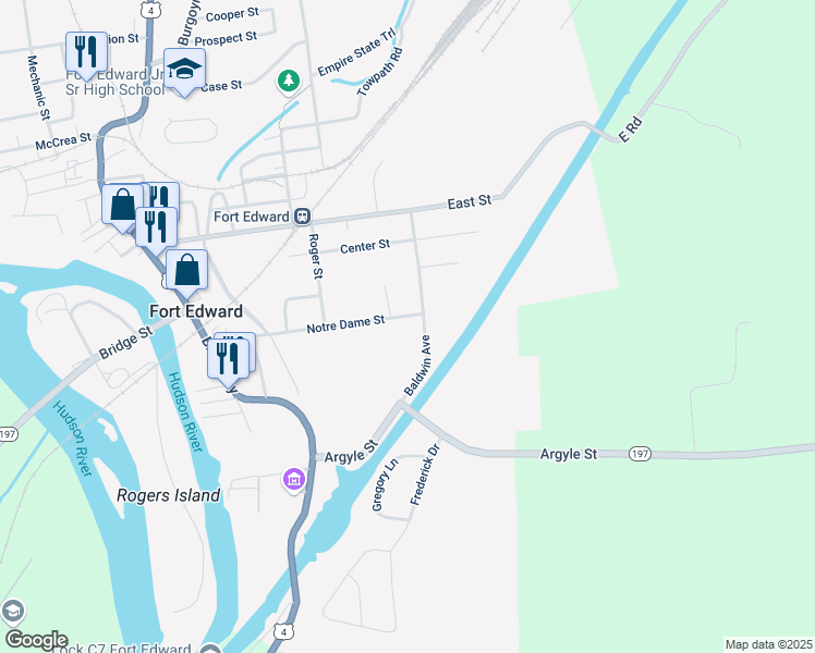 map of restaurants, bars, coffee shops, grocery stores, and more near 34 Baldwin Avenue in Fort Edward
