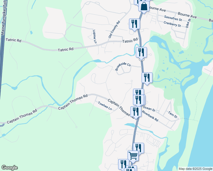 map of restaurants, bars, coffee shops, grocery stores, and more near 80 Captain Thomas Road in Ogunquit