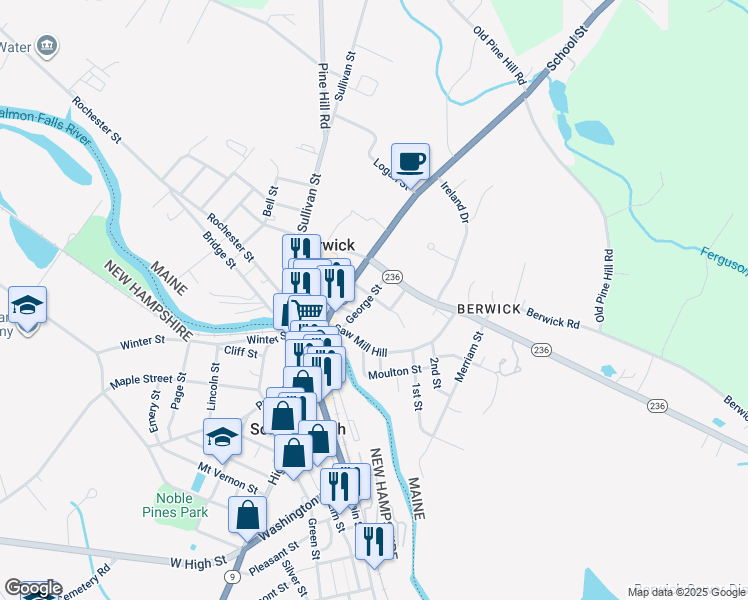 map of restaurants, bars, coffee shops, grocery stores, and more near 12 Lyman Street in Berwick