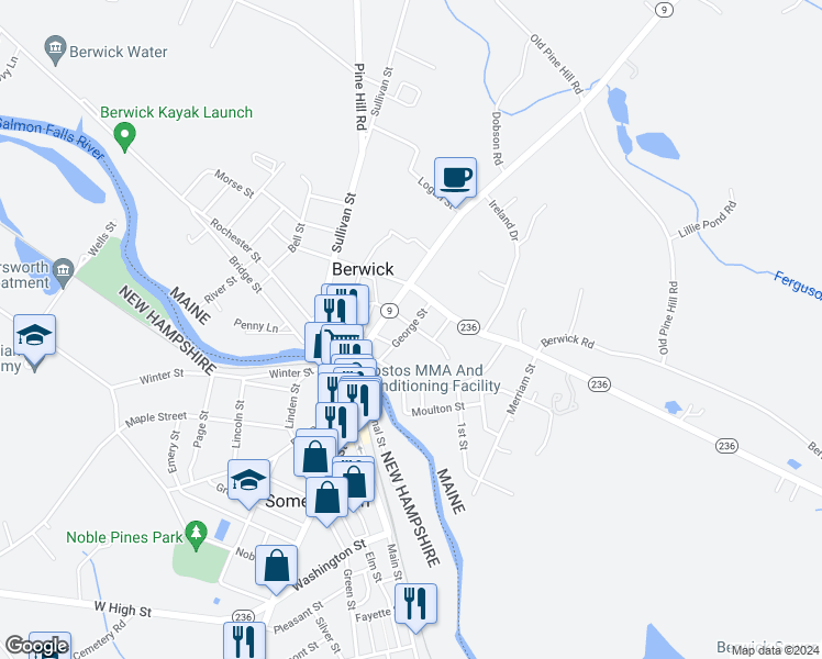 map of restaurants, bars, coffee shops, grocery stores, and more near 20 Lyman Street in Berwick