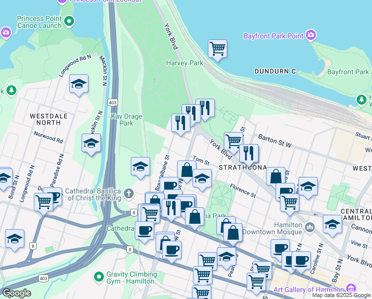 map of restaurants, bars, coffee shops, grocery stores, and more near 81 Tom Street in Hamilton