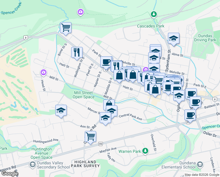 map of restaurants, bars, coffee shops, grocery stores, and more near 229 MacNab Street in Hamilton