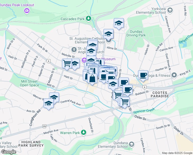 map of restaurants, bars, coffee shops, grocery stores, and more near 102 King Street West in Hamilton