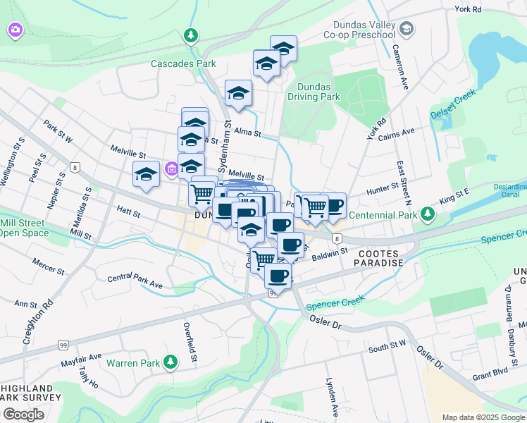 map of restaurants, bars, coffee shops, grocery stores, and more near 10 King Street West in Hamilton