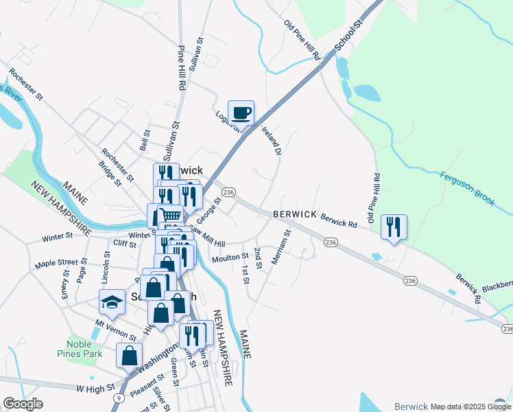 map of restaurants, bars, coffee shops, grocery stores, and more near 75 Saw Mill Hill in Berwick