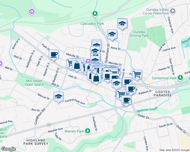 map of restaurants, bars, coffee shops, grocery stores, and more near 105 King Street West in Hamilton
