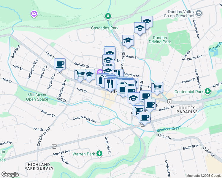 map of restaurants, bars, coffee shops, grocery stores, and more near 105 King Street West in Hamilton