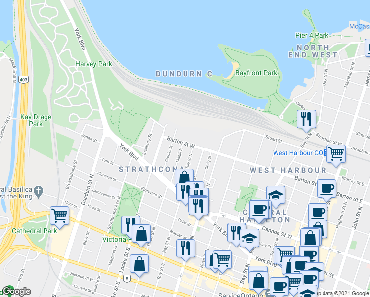 map of restaurants, bars, coffee shops, grocery stores, and more near in Hamilton