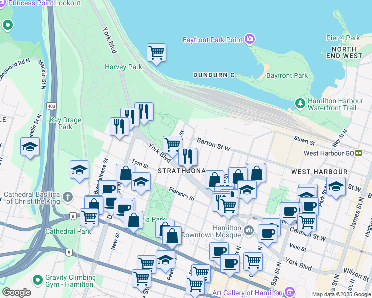 map of restaurants, bars, coffee shops, grocery stores, and more near 187 Locke Street North in Hamilton