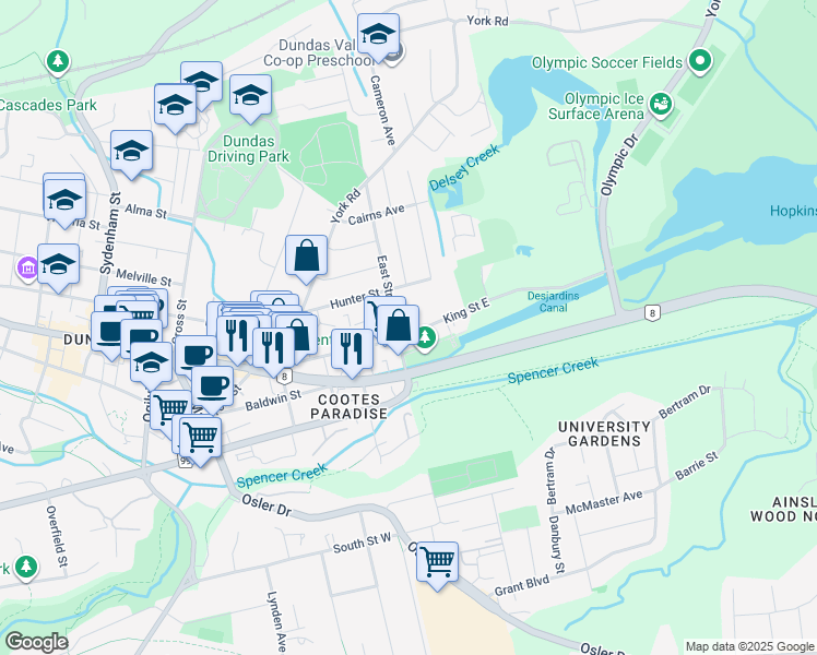 map of restaurants, bars, coffee shops, grocery stores, and more near 135 King Street East in Hamilton