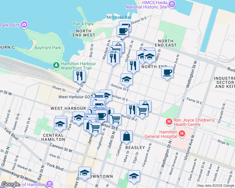 map of restaurants, bars, coffee shops, grocery stores, and more near 346 Hughson Street North in Hamilton