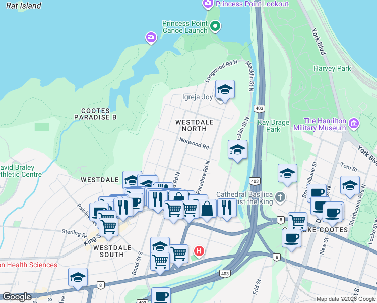 map of restaurants, bars, coffee shops, grocery stores, and more near 117 Longwood Road North in Hamilton