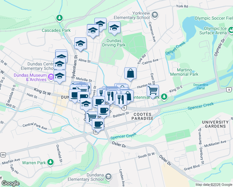 map of restaurants, bars, coffee shops, grocery stores, and more near 9 Helen Street in Hamilton