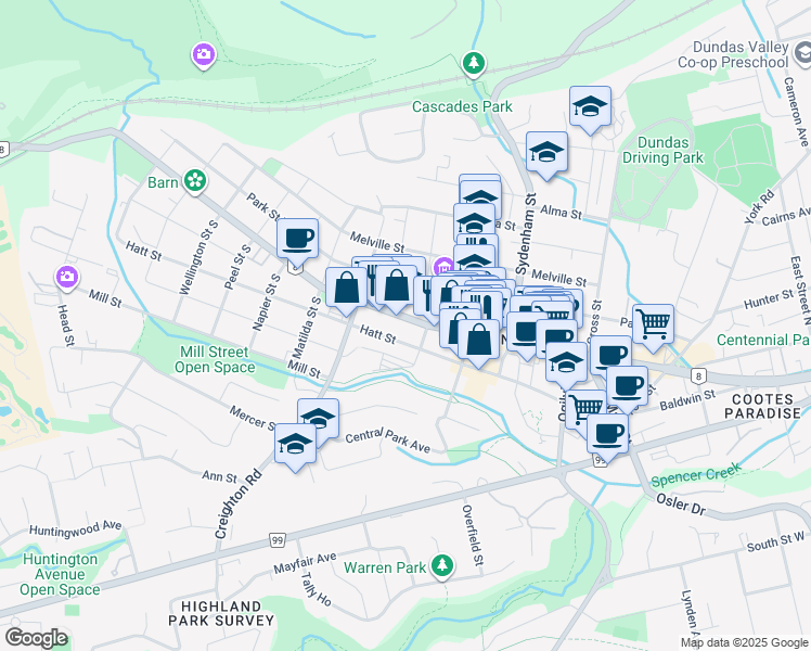 map of restaurants, bars, coffee shops, grocery stores, and more near in Hamilton
