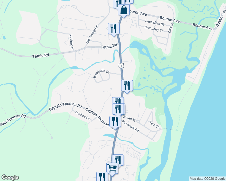 map of restaurants, bars, coffee shops, grocery stores, and more near 97 Ocean Heights Lane in Ogunquit
