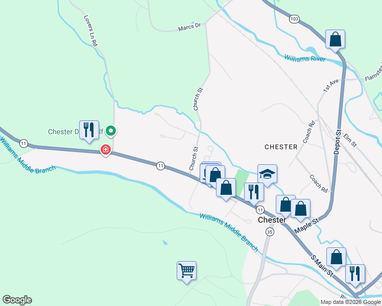 map of restaurants, bars, coffee shops, grocery stores, and more near 125 Church Street in Chester