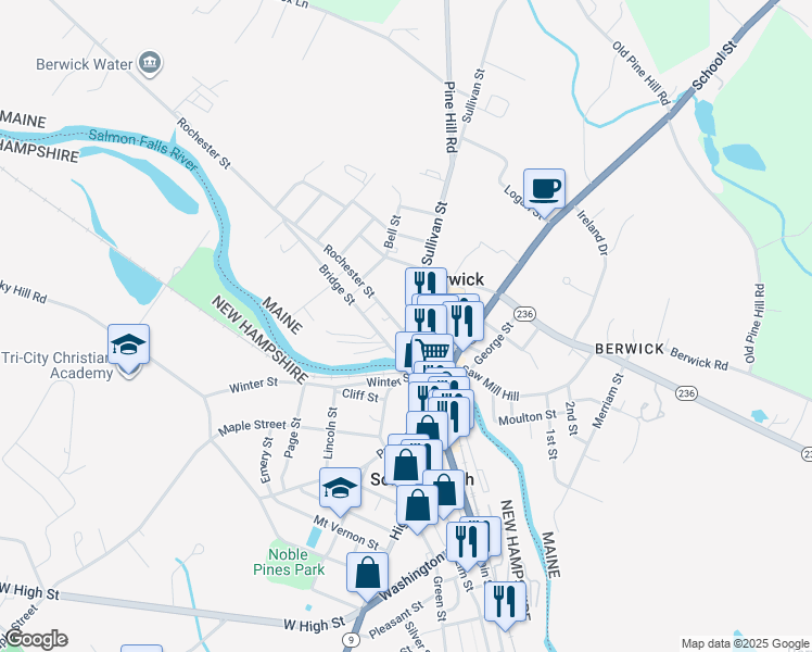 map of restaurants, bars, coffee shops, grocery stores, and more near 20 Rochester Street in Berwick