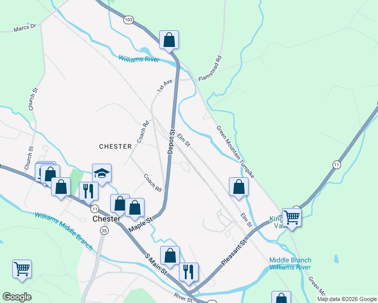 map of restaurants, bars, coffee shops, grocery stores, and more near 458 Elm Street in Chester
