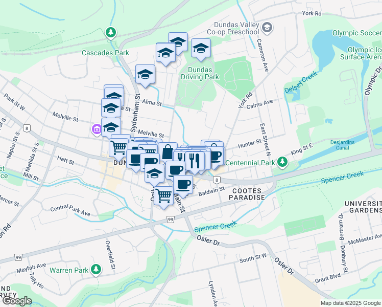 map of restaurants, bars, coffee shops, grocery stores, and more near 33 Park Street East in Hamilton