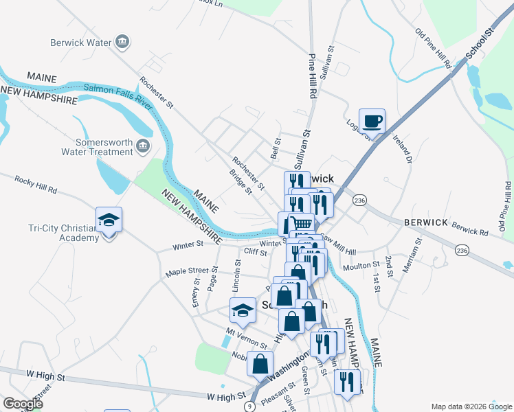 map of restaurants, bars, coffee shops, grocery stores, and more near 19 Bridge Street in Berwick
