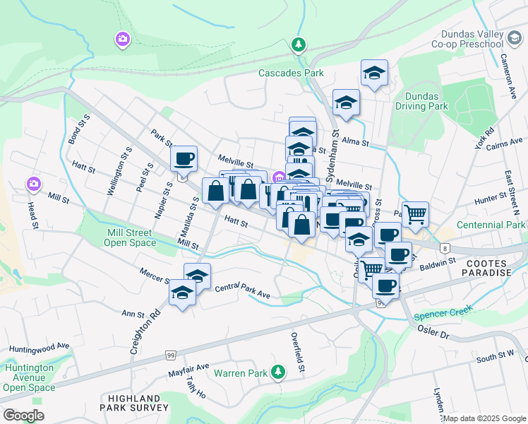 map of restaurants, bars, coffee shops, grocery stores, and more near 155 King Street West in Hamilton