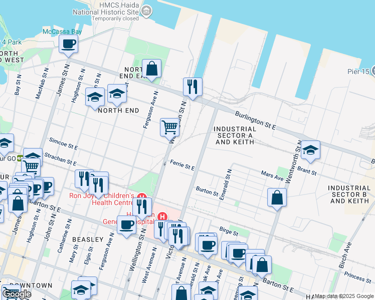 map of restaurants, bars, coffee shops, grocery stores, and more near 450 Wellington Street North in Hamilton