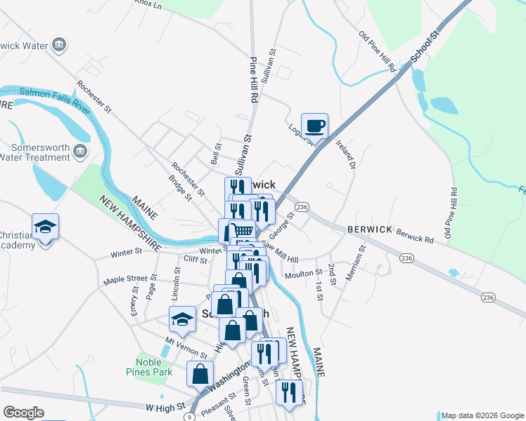 map of restaurants, bars, coffee shops, grocery stores, and more near 25 School Street in Berwick