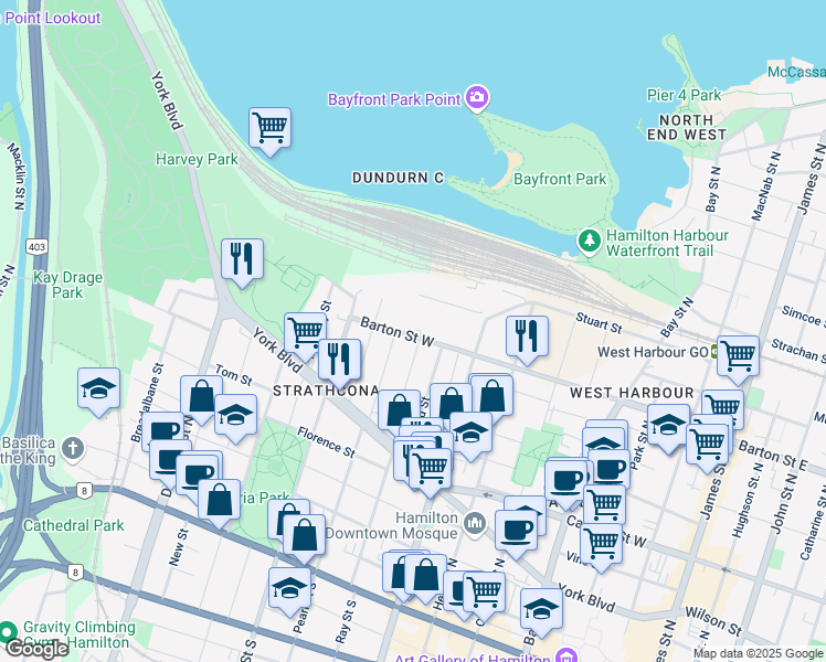 map of restaurants, bars, coffee shops, grocery stores, and more near in Hamilton