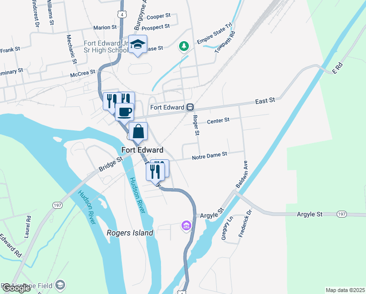 map of restaurants, bars, coffee shops, grocery stores, and more near 41 Lydius Street in Fort Edward