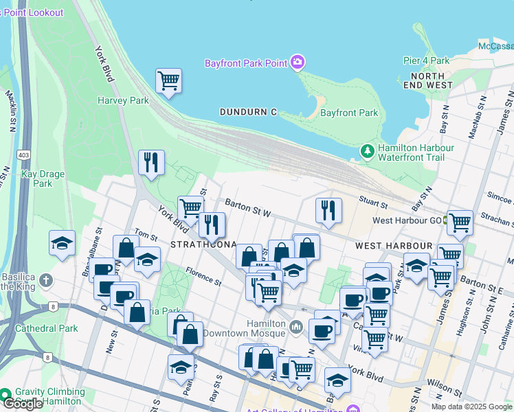 map of restaurants, bars, coffee shops, grocery stores, and more near 280 Barton Street West in Hamilton