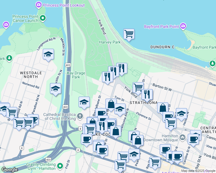 map of restaurants, bars, coffee shops, grocery stores, and more near 21 Jones Street in Hamilton