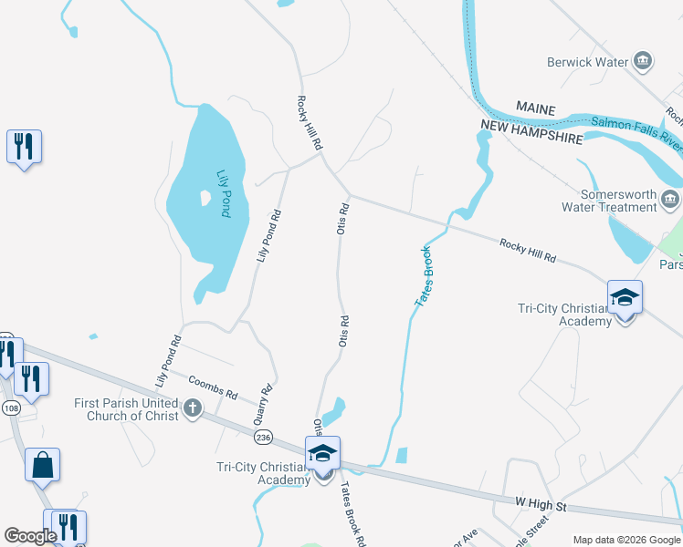 map of restaurants, bars, coffee shops, grocery stores, and more near 45 Otis Road in Somersworth