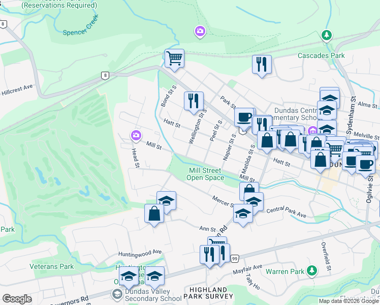 map of restaurants, bars, coffee shops, grocery stores, and more near 55 Wellington Street South in Hamilton