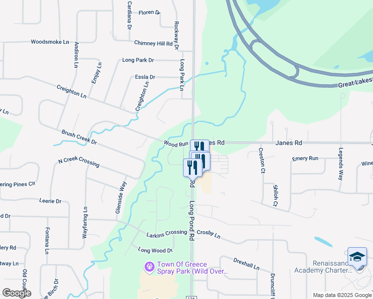 map of restaurants, bars, coffee shops, grocery stores, and more near 2 Wood Run Commons in Rochester