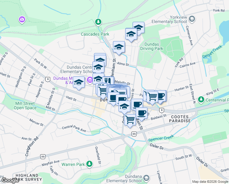 map of restaurants, bars, coffee shops, grocery stores, and more near 56 Park Street West in Hamilton