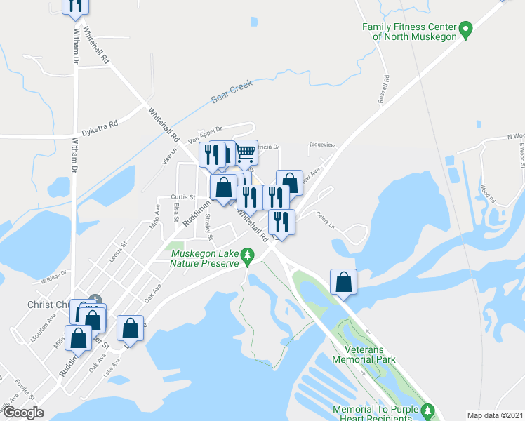 map of restaurants, bars, coffee shops, grocery stores, and more near 2622 Riverview Avenue in North Muskegon