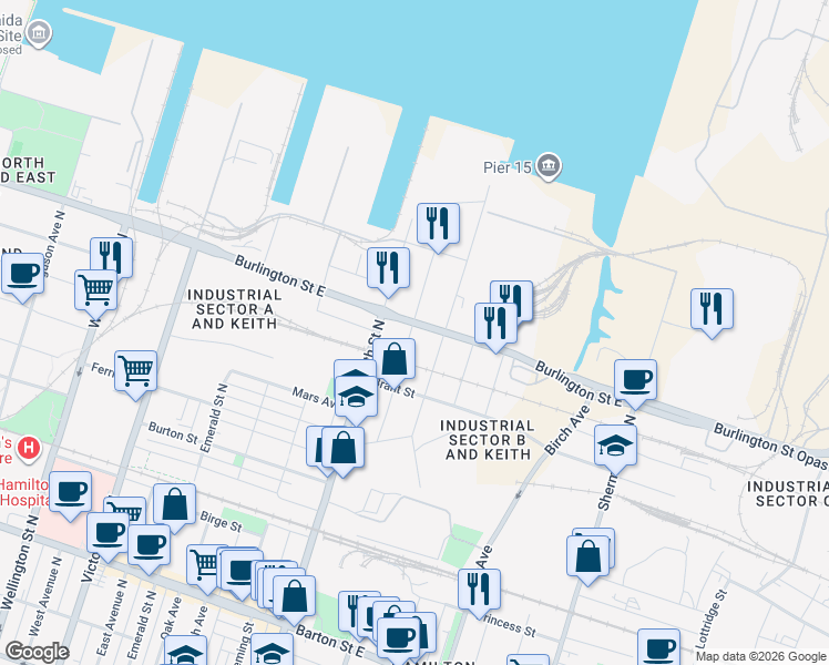 map of restaurants, bars, coffee shops, grocery stores, and more near 88 Niagara Street in Hamilton