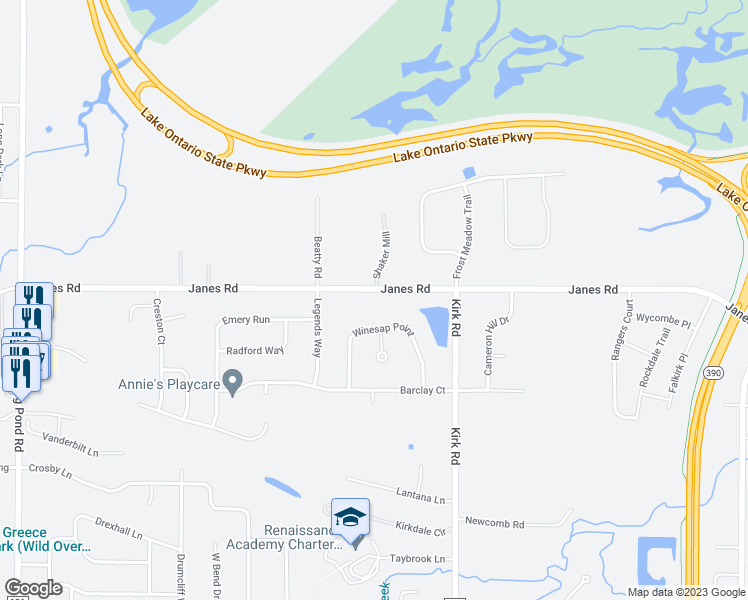map of restaurants, bars, coffee shops, grocery stores, and more near 591 Janes Road in Rochester