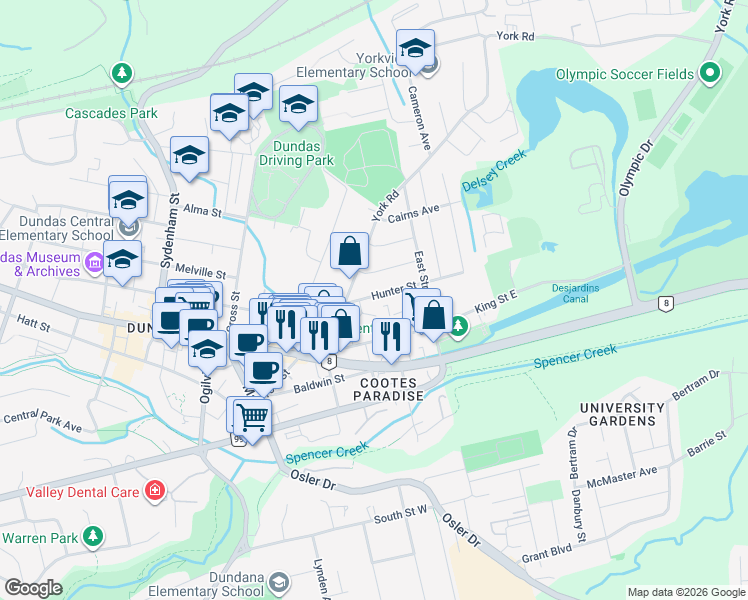 map of restaurants, bars, coffee shops, grocery stores, and more near 7 Hunter Street in Hamilton