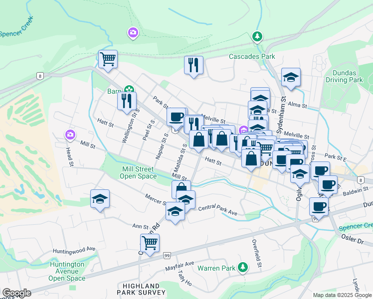 map of restaurants, bars, coffee shops, grocery stores, and more near 227 Hatt Street in Hamilton