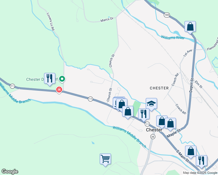 map of restaurants, bars, coffee shops, grocery stores, and more near 125 Church St in Chester