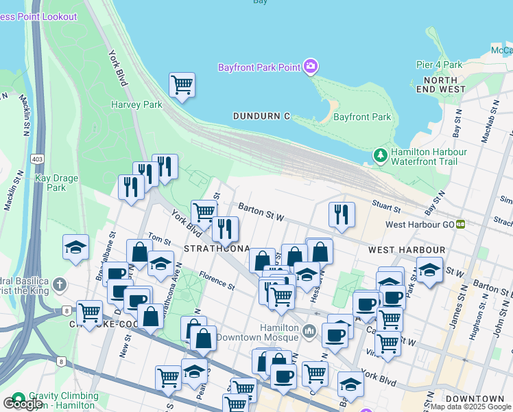map of restaurants, bars, coffee shops, grocery stores, and more near 290 Barton Street West in Hamilton