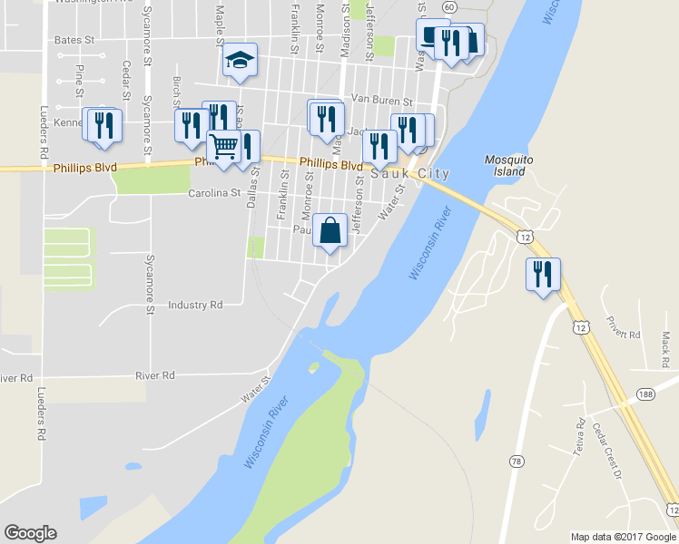map of restaurants, bars, coffee shops, grocery stores, and more near 1204 Water Street in Sauk City