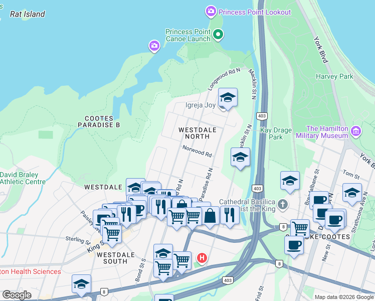 map of restaurants, bars, coffee shops, grocery stores, and more near 117 Longwood Road North in Hamilton